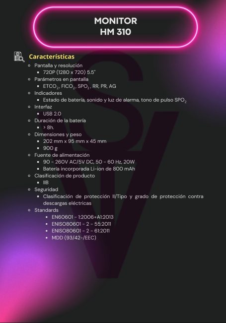 Monitor HM-310 con características técnicas y especificaciones en lista.